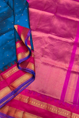 German Blue Pure Silk Narayanpet Saree with Magenta Border and Pallu.