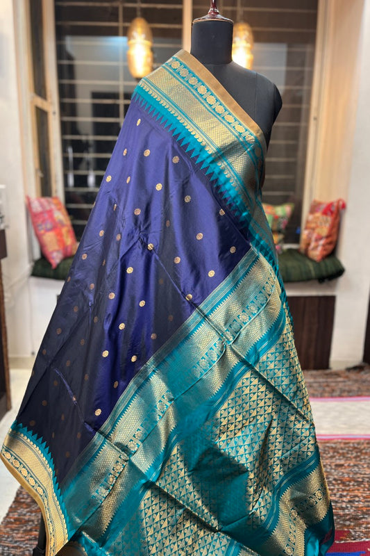 Deep Blue Pure Silk Narayanpet saree with Chintamani Green border and pallu