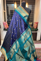 Deep Blue Pure Silk Narayanpet saree with Chintamani Green border and pallu