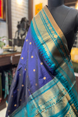 Deep Blue Pure Silk Narayanpet saree with Chintamani Green border and pallu