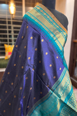 Deep Blue Pure Silk Narayanpet saree with Chintamani Green border and pallu