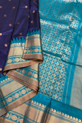 Deep Blue Pure Silk Narayanpet saree with Chintamani Green border and pallu