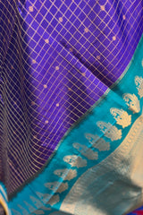 Purple zari Checkered Pure Silk Narayanpet Saree with contrast Firozi border and pallu