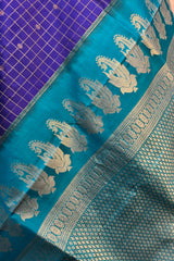 Purple zari Checkered Pure Silk Narayanpet Saree with contrast Firozi border and pallu