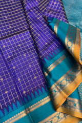 Purple zari Checkered Pure Silk Narayanpet Saree with contrast Firozi border and pallu