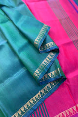 Peacock Green pure silk handloom Inchpar saree with contrast magenta pallu and blouse