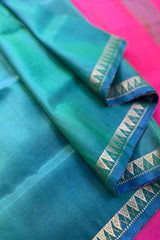 Peacock Green pure silk handloom Inchpar saree with contrast magenta pallu and blouse