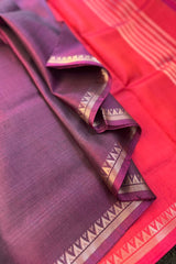 Wine coloured pure silk handloom Inchpar saree with carrot red coloured pallu and blouse