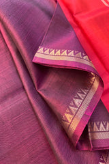 Wine coloured pure silk handloom Inchpar saree with carrot red coloured pallu and blouse