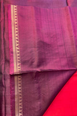 Wine coloured pure silk handloom Inchpar saree with carrot red coloured pallu and blouse