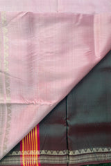 Beautiful Pastel Rose Pink pure silk Inchpar saree with contrast bottle green pallu and blouse