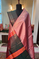 Beautiful Pastel Rose Pink pure silk Inchpar saree with contrast bottle green pallu and blouse