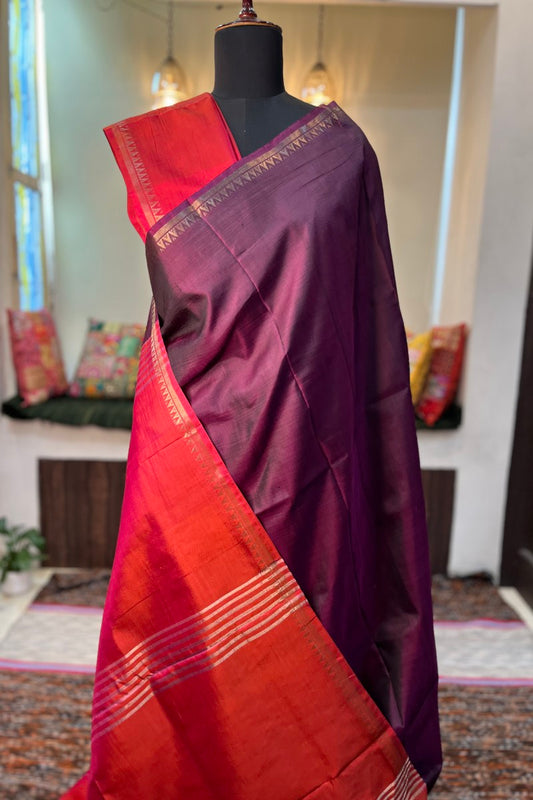 Wine coloured pure silk handloom Inchpar saree with carrot red coloured pallu and blouse