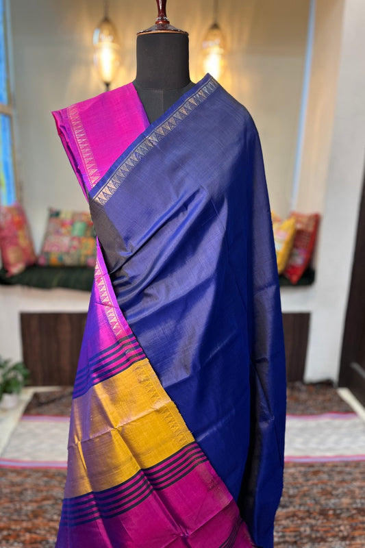 Midnight Blue pure silk handloom Inchpar saree with contrast pallu and blouse