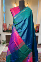 Peacock Green pure silk handloom Inchpar saree with contrast magenta pallu and blouse