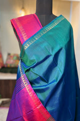 Peacock Green pure silk handloom Inchpar saree with contrast magenta pallu and blouse