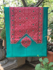 Aqua Green with Pink Mashroo Silk Patchwork on Yoke