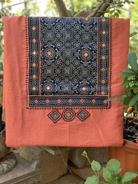 Light Peach with Black Mashroo Silk Patchwork Yoke
