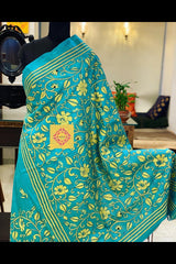 Sea Green Pure Tussar Silk Kantha Saree