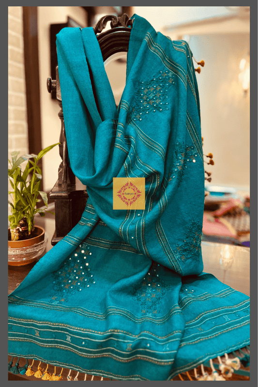 Aqua Blue Bhujodi Hand Mirror Work Stole