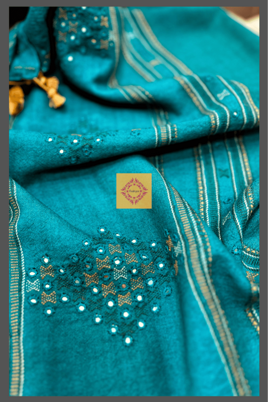 Aqua Blue Bhujodi Hand Mirror Work Stole