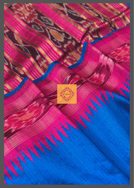 German blue Raw Silk With Magenta Ikkat Border