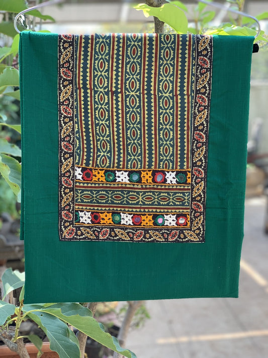 Bottle Green Kurta with Handblocked Ajrakh and Mirror embroidery Patchwork on Yoke