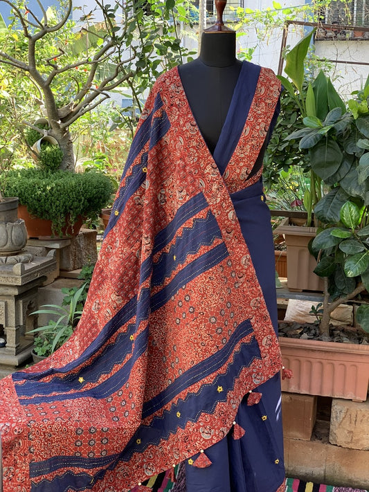 Deep Blue with Brick Coloured Ajrakh Patchwork Saree