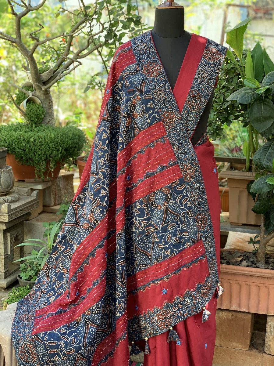 Maroon Saree with Deep Blue Ajrakh Patchwork on border and pallu