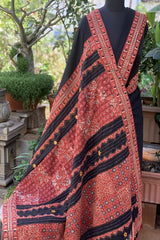 Black Saree with Brick coloured Ajrakh Patchwork Pallu and Blouse