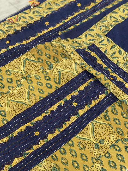 Navy Blue Saree with Green Ajrakha Patckworked Pallu and Border