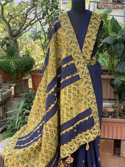 Navy Blue Saree with Green Ajrakha Patckworked Pallu and Border