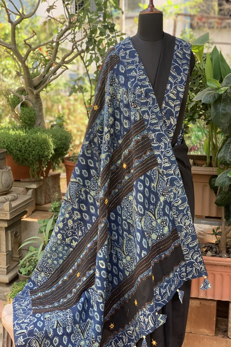 Black Saree With Blue Ajrakh Patchworked Pallu and Border