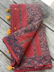 Brick Red Saree with Brown Ajrakh Patchwork Pallu and Border