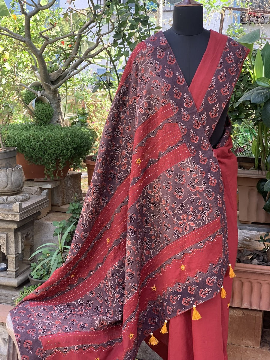 Brick Red Saree with Brown Ajrakh Patchwork Pallu and Border