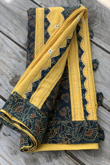 Yellow Saree with Olive Green Ajrakh Patchworked Pallu and Border