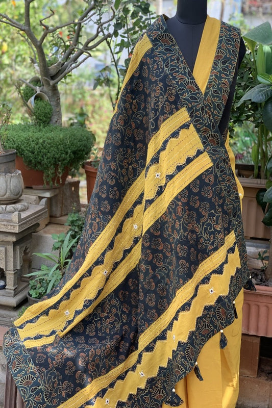 Yellow Saree with Olive Green Ajrakh Patchworked Pallu and Border