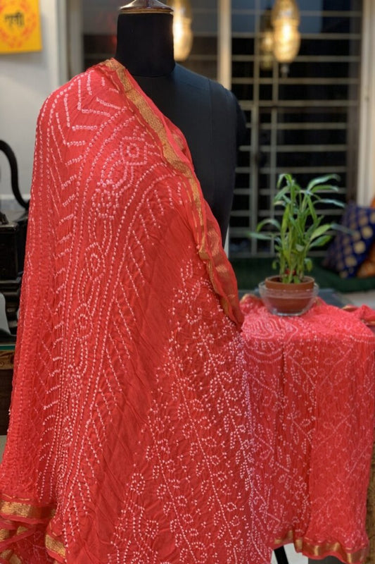 Peach Coloured Pure Creap Jhankar Rai Bandhej Saree