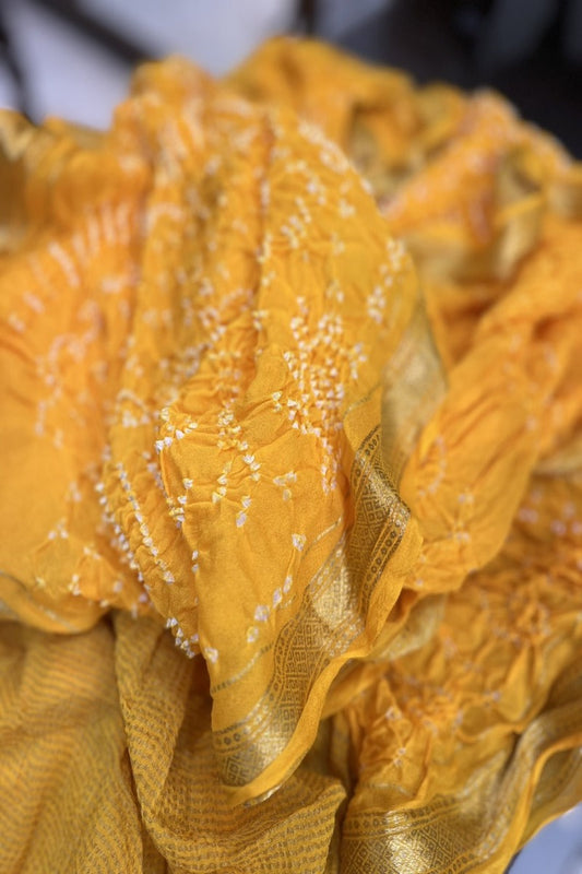 Yellow Coloured Pure Creap Rai Bandhej Saree