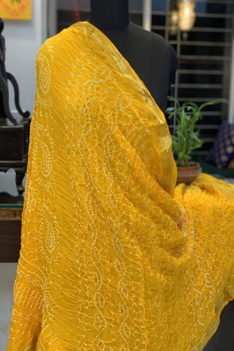 Yellow Coloured Pure Creap Rai Bandhej Saree