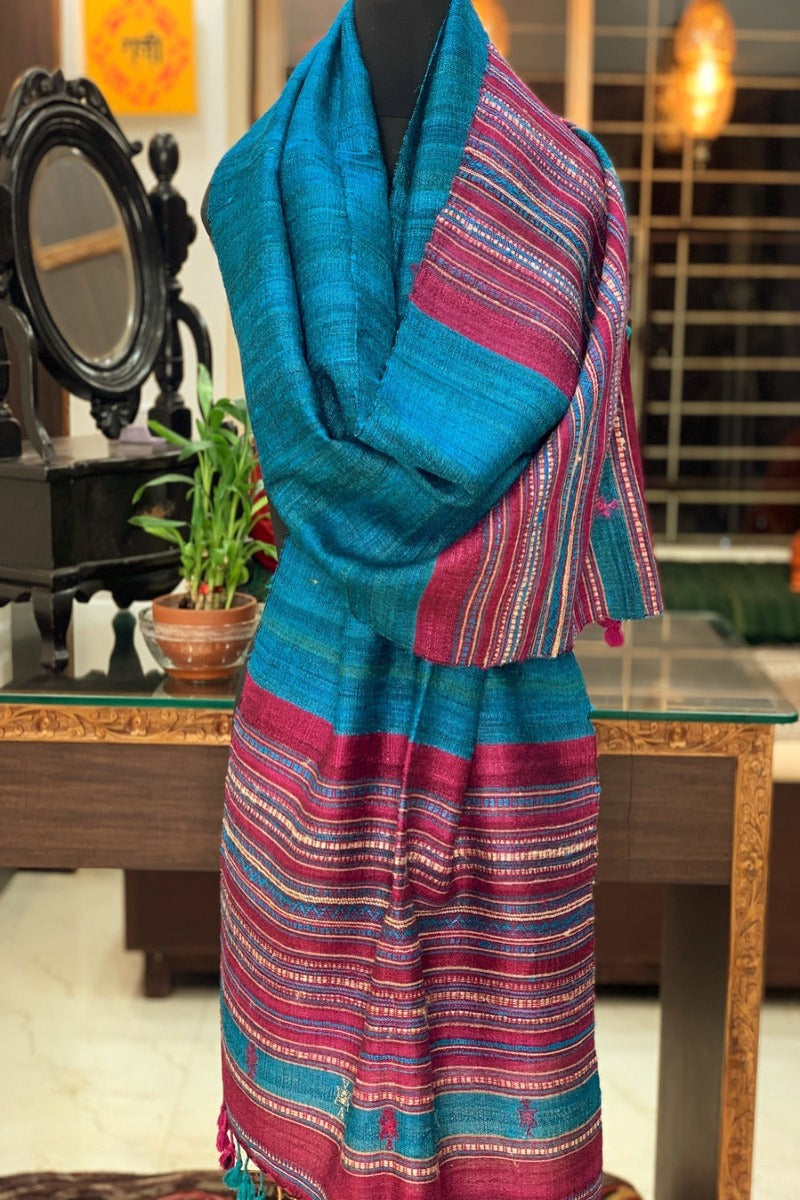 Torquiose Blue with Magenta Handwoven Tussar Ghicha Bhujodi Stole