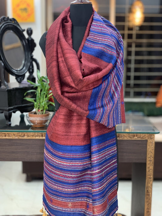 Maroon with Blue Handwoven Tussar Silk Ghicha Bhujodi Stole