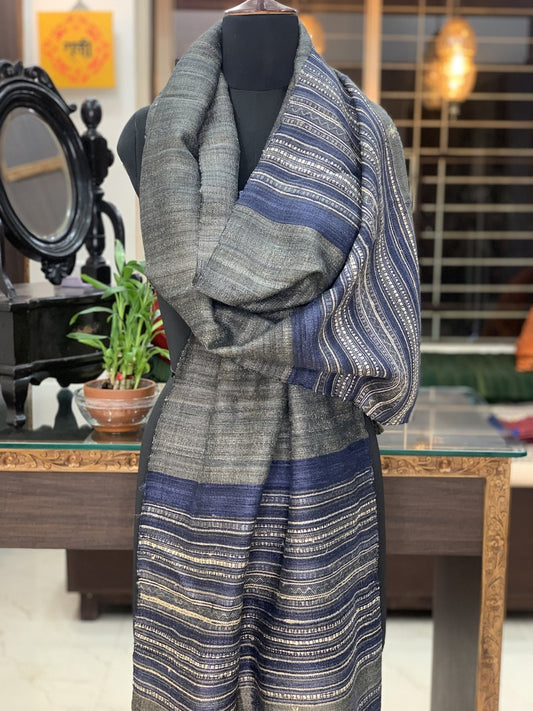 Earthy Grey Handwoven Tussar Silk Ghicha Bhujodi Stole