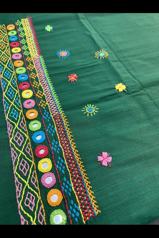 Raw Cotton Silk- Bottle Green Lambani Embroidered Blouse Fabric