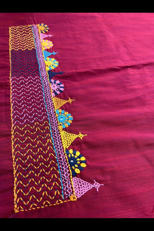 Magenta Raw Cotton Silk Hand Embroidered Blouse Fabric