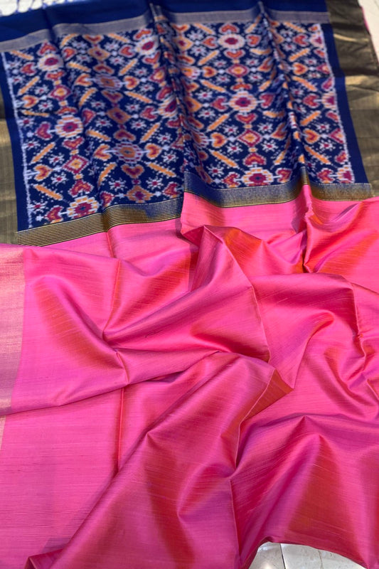 Pink Pure Raw Silk Saree with Royal Blue woven Ikkat Pallu and Blouse