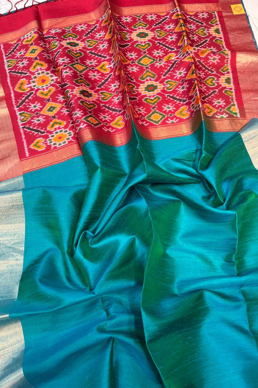 Peacock Green Pure Raw Silk Saree with woven Red Ikkat Pallu and Blouse