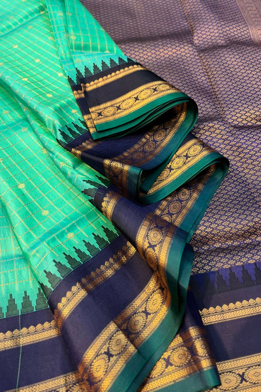 Pure Silk Handwoven Torquiose Green checkered Narayanpet saree