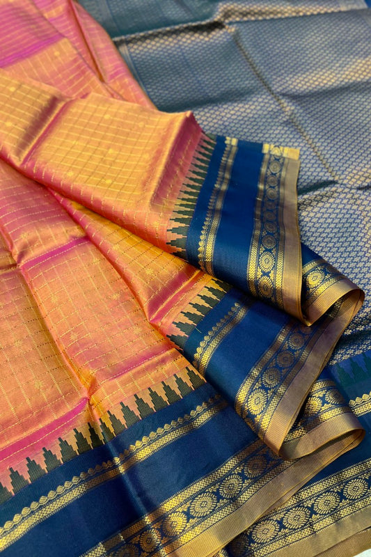 Pure silk Dual Toned Pink by orange checkered Narayanpet saree