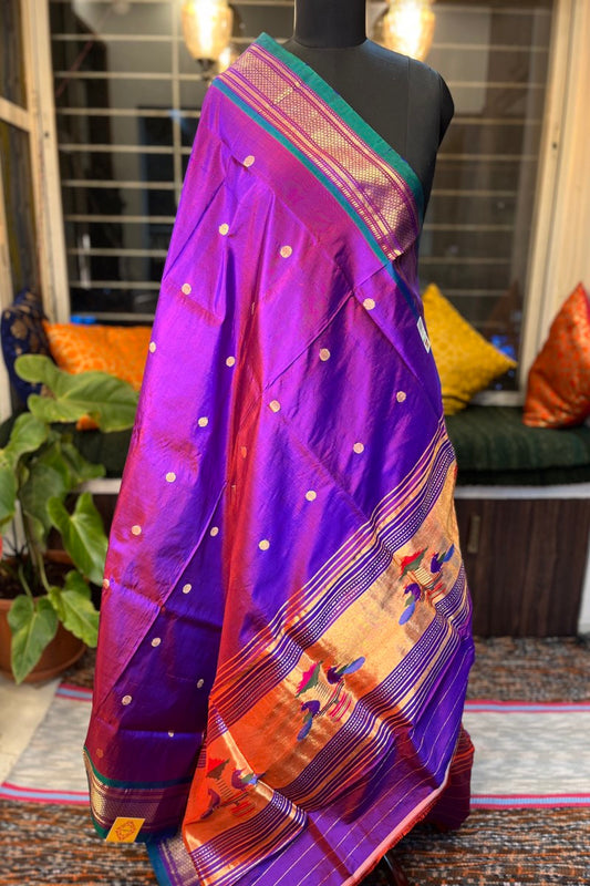 Purple Pure Silk Paithani Dupatta with Peacock Green Border